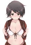  bikini bikini_under_clothes black_hair blush breasts cleavage front-tie_bikini front-tie_top green_eyes kantai_collection looking_at_viewer medium_breasts mogami_(kantai_collection) navel open_clothes open_shirt pants_pull shirt short_hair side-tie_bikini simple_background solo swimsuit white_background white_bikini yumesato_makura 