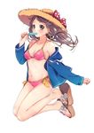  absurdres bad_id bad_twitter_id bare_legs bikini bow breasts brown_eyes brown_hair cleavage folded_leg food food_in_mouth full_body hair_ribbon halterneck hat hat_bow hat_ribbon highres legs_up long_hair looking_at_viewer low_twintails medium_breasts mouth_hold nail_polish navel off_shoulder original pink_bikini platform_footwear popsicle ribbon sandals simple_background solo straw_hat sun_hat swimsuit toenail_polish twintails vanilla_(miotanntann) white_background 