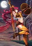  adsouto armpits bare_shoulders breasts broken_moon bustier highres holding holding_weapon long_hair looking_at_viewer medium_breasts midriff milo_and_akouo moon outdoors polearm pyrrha_nikos red_hair rwby shield spear thighhighs very_long_hair weapon zettai_ryouiki 