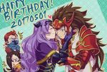  2girls armor blank_eyes blush breasts brown_hair camilla_(fire_emblem_if) cheek_kiss circlet cleavage commentary_request crossed_arms dated fire_emblem fire_emblem_if gloves hair_over_one_eye happy_birthday heart hetero hiyori_(rindou66) kagerou_(fire_emblem_if) kiss large_breasts long_hair looking_down mask multiple_boys multiple_girls one_eye_closed open_mouth patterned_background ponytail purple_eyes purple_hair red_eyes red_gloves red_hair ryouma_(fire_emblem_if) saizou_(fire_emblem_if) scar scarf spiked_hair surprised teal_background torn_clothes vambraces very_long_hair wavy_hair 