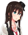  bad_id bad_pixiv_id bangs black_hat black_vest blue_eyes brown_hair collared_shirt commentary_request earrings eyebrows_visible_through_hair hair_between_eyes hat idolmaster idolmaster_cinderella_girls jewelry long_hair loose_necktie necktie open_mouth red_neckwear rocking_school shibuya_rin shirt simple_background solo star straight_hair sweat upper_body vest white_background white_shirt yabudatami 