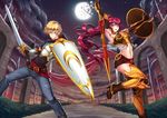  1girl adsouto blonde_hair broken_moon crocea_mors_(rwby) holding holding_sword holding_weapon jaune_arc long_hair looking_at_viewer milo_and_akouo moon outdoors polearm pyrrha_nikos red_hair rwby shield spear sword weapon 