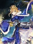  armor artoria_pendragon_(all) blonde_hair blue_cape cape crown excalibur fate/stay_night fate_(series) gauntlets green_eyes highres holding holding_sword holding_weapon looking_at_viewer popuru rain saber solo sword weapon 