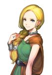  arm_at_side arm_up armlet bangs belt bianca blonde_hair blue_eyes braid breasts cape closed_mouth collar commentary_request dragon_quest dragon_quest_v earrings eyelashes gem green_tunic hair_over_shoulder hair_tubes hands highres jewelry jun_(seojh1029) long_hair looking_at_viewer medium_breasts parted_bangs ring silver_collar simple_background single_braid smile solo tunic white_background 