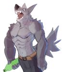  2016 abs anthro biceps canine clothed clothing cuson fur male mammal muscular nipples open_mouth pants pecs solo teeth topless wolf 