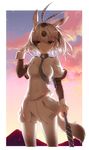  animal_ears antenna_hair arabian_oryx_(kemono_friends) backlighting black_neckwear breasts brown_eyes brown_hair closed_mouth cloud commentary extra_ears eyebrows_visible_through_hair frown hair_between_eyes hand_in_hair highres holding holding_weapon horn_lance kemono_friends long_sleeves looking_at_viewer medium_breasts multicolored_hair necktie neko7 oryx_ears outdoors pantyhose shirt skirt sky solo standing sunset two-tone_hair weapon white_legwear white_shirt white_skirt wind wrist_cuffs 