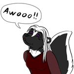  anthro awooo big_tail clothed clothing dress english_text eyelashes foxyruby fur hair howl long_hair mammal mistress multicolored_fur open_mouth simple_background skunk small_ears smile solo speech_bubble sticker telegram text twillight two_tone_fur 