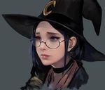  blue_hair brown_eyes choker frostce glasses hat lips little_witch_academia looking_up realistic simple_background solo thick_lips ursula_charistes witch_hat 