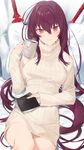  beige_sweater blush book breasts coffee_mug cup eyebrows_visible_through_hair fate/grand_order fate_(series) gae_bolg hair_between_eyes hayashi_kewi long_hair looking_at_viewer medium_breasts mug on_bed pillow polearm purple_hair red_eyes ribbed_sweater scathach_(fate)_(all) scathach_(fate/grand_order) smile solo spear sweater turtleneck turtleneck_sweater weapon 
