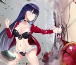 ass_visible_through_thighs bangs bikini black_bikini blood blue_eyes breasts choker cleavage clenched_hands closed_mouth commentary_request cross demon_pillar_(fate/grand_order) earrings fate/grand_order fate_(series) foreshortening groin highres i.f.s.f jacket jewelry large_breasts long_hair motion_blur navel punching purple_hair red_jacket rubble saint_martha saint_martha_(swimsuit_ruler)_(fate) speed_lines swimsuit torn_clothes torn_jacket track_jacket twitter_username 