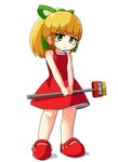  bangs bare_arms bare_shoulders blonde_hair blunt_bangs blush_stickers broom dress eyebrows_visible_through_hair flat_chest frilled_dress frills full_body green_eyes green_ribbon hair_ribbon highres holding holding_broom korutana long_hair looking_at_viewer no_legwear parted_lips ponytail red_dress red_footwear ribbon rockman rockman_(classic) roll shadow shoes sidelocks simple_background solo standing white_background 