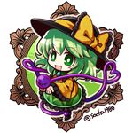  black_hat bow chibi commentary_request eyeball frilled_skirt frilled_sleeves frills full_body green_eyes green_hair green_skirt hat hat_bow heart heart_of_string komeiji_koishi long_sleeves looking_at_viewer skirt smile socha solo third_eye touhou twitter_username wide_sleeves yellow_bow 
