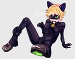  adrien_agreste animal_ears arm_support bad_id bad_twitter_id bell bell_collar belt blonde_hair bodysuit boots cat_ears catsuit character_name chat_noir collar fake_animal_ears flipped_hair full_body green_eyes green_sclera grey_background jingle_bell male_focus mask miraculous_ladybug mouth_hold paw_print samep 