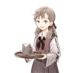  alcohol apron beer black_ribbon blush brown_eyes brown_hair collared_shirt commentary_request grey_apron hair_ribbon highres holding holding_tray jun_(seojh1029) long_hair long_sleeves looking_at_viewer neck_ribbon open_mouth original red_ribbon ribbon shirt simple_background solo tray white_background 