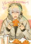  ? antenna_hair bright_pupils cup disposable_cup eating fried_chicken happy_birthday headphones hood hooded_jacket jacket long_hair looking_at_viewer mascot naitou-kun nitro+_chiral open_mouth red_eyes silver_hair sitting table text_focus translation_request upper_body yamada_uiro 
