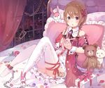  bow braid brown_hair character_request copyright_request hair_bow highres kusumoto_touka long_hair looking_at_viewer pillow pink_bow red_eyes sitting solo thighhighs twin_braids white_legwear 