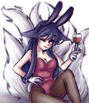  &lt;3 2017 ahri_(lol) alcohol animal_humanoid beverage big_breasts black_fur black_hair breasts bunny_costume canine canine_humanoid cleavage clothed clothing costume facial_markings fake_ears female fishnet fishnet_legwear fox fox_humanoid fur gloves hair hi_res human humanoid league_of_legends legwear long_hair looking_at_viewer mammal markings multi_tail nyami_(artist) one_eye_closed riot_games simple_background sitting smile solo stockings vastaya video_games whisker_markings white_background white_fur wine wine_glass wink yellow_eyes 