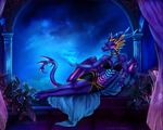  anthro breasts clothed clothing digital_media_(artwork) digitigrade dragon female horn lying membranous_wings purple_eyes ridged_horn selianth smile spines wings 