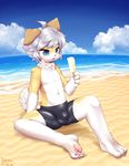 2016 anthro beach black_nose blue_eyes blush brown_fur bulge canine claws clothed clothing cloud cub dog food fur grey_hair hair male mammal open_mouth outside pawpads paws popsicle sand seaside sitting sky solo topless water white_fur yakimo young 