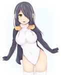  :d absurdres black_hair blonde_hair blush breasts drawstring emperor_penguin_(kemono_friends) hair_over_one_eye headphones highleg highleg_leotard highres kemono_friends large_breasts leaning_to_the_side leotard looking_at_viewer multicolored_hair open_mouth simple_background smile solo streaked_hair thighhighs turtleneck two-tone_hair white_background white_legwear white_leotard yellow_eyes yuyusuika 