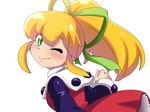  ;) bangs blonde_hair blush breasts closed_mouth commentary_request dress eyebrows_visible_through_hair frilled_dress frills from_behind green_eyes green_ribbon hair_ribbon long_hair long_sleeves looking_at_viewer one_eye_closed ponytail red_dress ribbon rockman rockman_(classic) roll sagamimok shiny shiny_hair sidelocks simple_background small_breasts smile solo turtleneck upper_body white_background 