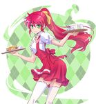  anna_miller back_bow bow butter commentary_request cup earrings food frilled_blouse green_eyes iesupa jewelry pancake ponytail pyrrha_nikos red_hair rwby solo syrup teacup thighhighs tray waitress white_legwear 