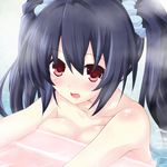 bathing bathroom blush breast_press breasts cleavage close-up collarbone hair_ribbon iwasi-r long_hair looking_at_viewer medium_breasts neptune_(series) noire open_mouth red_eyes ribbon scrunchie shiny shiny_hair shiny_skin smile twintails water wet 