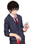  black-framed_eyewear black_cardigan black_pants brown_eyes brown_hair buttons can cardigan cellphone closed_mouth collared_shirt commentary_request expressionless glasses hair_between_eyes holding holding_phone ishimiso_(ishimura) long_sleeves looking_at_viewer male_focus necktie original pants phone red_neckwear school_uniform shirt simple_background sleeves_pushed_up smartphone soda_can standing upper_body white_background white_shirt wing_collar 