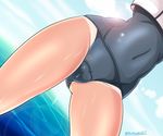  ass_visible_through_thighs backlighting blue_sky blue_swimsuit close-up commentary_request covered_navel crop_top day kantai_collection legs_apart lens_flare lower_body ocean one-piece_swimsuit outdoors ro-500_(kantai_collection) school_swimsuit sky solo standing sunlight sweat swimsuit swimsuit_under_clothes tamayan tan tanline thighs twitter_username water 