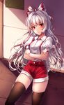  adapted_costume bangs black_legwear blush bow commentary_request crossed_arms fujiwara_no_mokou hair_bow highres long_hair painteen puffy_short_sleeves puffy_sleeves red_eyes red_shorts shirt short_sleeves shorts solo suspenders thighhighs touhou white_hair white_shirt 