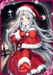  akkijin angel blue_eyes blush card card_(medium) church cross gloves hat looking_at_viewer official_art oracle_(shinkai_no_valkyrie) red_gloves santa_costume santa_gloves santa_hat shinkai_no_valkyrie silver_hair snowflakes snowing solo tiara window 