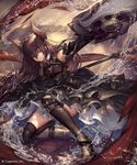  armor armored_boots armpits black_legwear boots bow brown_hair commentary_request draph elbow_gloves forte_(shingeki_no_bahamut) gloves high_heel_boots high_heels highres horns long_hair md5_mismatch polearm red_eyes shadowverse shingeki_no_bahamut skirt solo tachikawa_mushimaro thighhighs weapon 