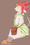  absurd_res bag bracelet cat clothing feline footwear hat hi_res jewelry mammal meow_(space_dandy) salamikii sandals shaded simple_background sitting slit_pupils smile space_dandy thick_thighs tunic yellow_eyes 