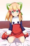 :o bangs bed blonde_hair blush boots commentary_request covered_navel dress eyebrows_visible_through_hair flat_chest full_body green_eyes green_ribbon hair_ribbon hard indoors long_hair looking_at_viewer on_bed parted_lips ponytail red_dress red_footwear ribbon rockman rockman_(classic) roll shadow sidelocks sitting sleeves_past_wrists solo wall wariza 