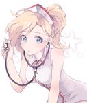  :o artist_name bad_id bad_pixiv_id bare_shoulders blonde_hair blue_eyes breasts buttons commentary dress earrings eyebrows eyebrows_visible_through_hair hand_up hat jewelry looking_at_viewer medium_breasts mercy_(overwatch) nurse nurse_cap open_mouth overwatch panza ponytail short_hair sleeveless sleeveless_dress solo star starry_background stethoscope stud_earrings upper_body wing_collar 