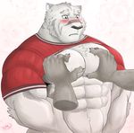  2017 abs anthro biceps blue_eyes canine clothed clothing feline fur grimoire_of_zero male mammal mercenary_(character) muscular muscular_male naruever pecs tiger white_fur 