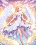  angel angel_wings aqua_eyes bad_id bad_pixiv_id bare_shoulders barefoot cloud dress full_body h2o_(dfo) halo highres legband light_brown_hair long_hair looking_at_viewer magic original pink_sky smile solo white_dress white_wings wings 