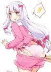  1girl ass assisted_exposure blue_eyes blush bow breasts cowboy_shot eromanga_sensei from_behind furrowed_eyebrows hair_bow hands hazuki_natsu izumi_sagiri leaning_forward long_hair long_sleeves looking_at_viewer low-tied_long_hair open_mouth pajamas panties panties_under_shorts pink_bow pink_panties pink_ribbon ribbon shorts shorts_pull side-tie_panties silver_hair simple_background sketch small_breasts solo_focus speech_bubble standing tareme teardrop tearing_up twitter_username underwear very_long_hair wavy_mouth white_background 