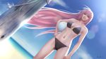  ball bikini black_bikini blue_eyes blue_sky breasts cloud collarbone day deviantart_username dutch_angle facebook_username gohpot grin hand_on_hip highres holding holding_ball legs_apart lens_flare long_hair medium_breasts megurine_luka midriff navel nose ocean open_mouth outdoors pink_hair pink_lips pole signature sky smile solo standing swimsuit teeth very_long_hair vocaloid volleyball watermark web_address 