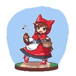  animal_ears basket blouse blush_stickers brooch brown_hair cloak cosplay eighth_note fang hood hooded_cloak imaizumi_kagerou jewelry kumamoto_(bbtonhk2) little_red_riding_hood little_red_riding_hood_(grimm) little_red_riding_hood_(grimm)_(cosplay) long_hair lowres musical_note neck_ribbon open_mouth picnic_basket pixel_art red_eyes ribbon shoes skirt smile socks solo tail touhou wolf_ears wolf_tail 