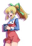  :d bangs blonde_hair blush breasts classictime cowboy_shot dress energy_tank eyebrows_visible_through_hair green_eyes green_ribbon hair_ribbon highres long_hair long_sleeves looking_at_viewer open_mouth ponytail red_dress ribbon rockman rockman_(classic) roll shadow sidelocks simple_background small_breasts smile solo standing teeth thighs turtleneck white_background 