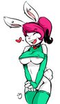  anthro breasts clothed clothing collar duckdraw ear_piercing fur hair lagomorph legwear mammal may_flowers piercing pink_hair pussy rabbit skimpy sleeves under_boob white_fur 