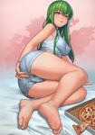  absurdres arm_support ass bare_arms bare_legs bare_shoulders barefoot blush breasts brown_eyes c.c. cameltoe code_geass covered_nipples crotch cum cum_on_food feet food full_body green_hair hand_on_own_ass highres lasterk long_hair long_legs looking_at_viewer lying medium_breasts on_side open_mouth paid_reward parted_lips patreon_reward pizza short_shorts shorts sitting sleeveless soles solo toes upshorts yellow_eyes 