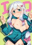  3: absurdres bangs blush bow bow_panties breasts closed_mouth collarbone commentary_request eromanga_sensei hair_bow hands_up highres izumi_sagiri jacket jacket_pull long_hair looking_at_viewer low-tied_long_hair nipples panties pink_bow purple_bow shuizhanglang side-tie_panties small_breasts solo tears underwear upper_body wavy_mouth white_panties 
