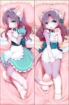  4_toes 5_fingers bed cat clothing covering covering_self dakimakura_design fangs feline fur green_eyes hair looking_at_viewer maid_uniform mammal open_mouth pawpads plum_(oc) purple_fur purple_hair shirt_pull toes tongue uniform white-castle white_fur 