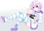  :o absurdres ass bad_anatomy bad_proportions choker d-pad d-pad_hair_ornament earphones full_body game_console gradient gradient_background grey_background hair_ornament highres hood hoodie looking_at_viewer neptune_(choujigen_game_neptune) neptune_(series) nintendo_switch panties purple_eyes purple_hair ramu-on@_shinon shin_jigen_game_neptune_vii shoes short_hair single_earphone_removed sitting solo striped striped_legwear thighhighs thighs underwear white_panties 
