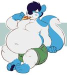  2017 4_toes 5_fingers abstract_background anthro arm_support barefoot belly big_belly big_tail biped blue_fur blue_hair blue_markings blue_nose blue_pawpads blue_tail boxers_(clothing) canine clothed clothing digital_media_(artwork) dog ears_back eating eyes_closed facial_markings food front_view fur gloves_(marking) green_bottomwear green_clothing green_underwear hair holding_food holding_object husky hybrid long_tail male mammal markings multicolored_fur multicolored_tail navel obese ohhgoditsrabid overweight overweight_male pawpads pizza short_hair simple_background sitting socks_(marking) solo toes topless two_tone_fur two_tone_tail underwear weight_gain white_belly white_fur white_tail wintie_snowflake wolf wusky 