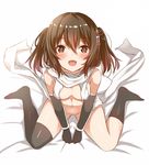  :d asymmetrical_legwear bed_sheet black_gloves black_legwear breasts brown_eyes brown_hair elbow_gloves fang gloves kantai_collection medium_breasts naked_scarf no_panties nude open_mouth remodel_(kantai_collection) scarf sendai_(kantai_collection) short_hair sitting smile solo two_side_up wariza white_scarf yukishiro_arute 