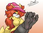  5_toes alice_(benjipaws) benjipaws breasts canine delphox feet female foot_focus gradient_background hair hat long_hair looking_at_viewer mammal nintendo pok&eacute;mon signature simple_background smile smirk solo toes video_games 