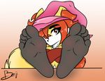  5_toes alice_(benjipaws) anthro benjipaws crossed_arms delphox feet female foot_focus gradient_background hat looking_at_viewer mammal nintendo pok&eacute;mon signature simple_background sitting solo toes video_games 